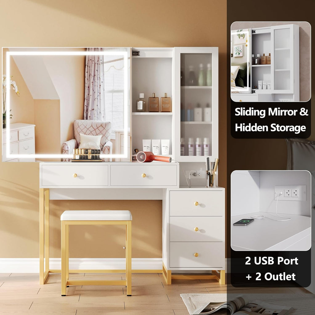 Extra Large Modern Makeup Vanity Table Set with Sliding Lighted Mirror, Charging Station, Cushioned Stool, 5 Hidden Storage Drawers & Matching Nightstand for Women(White - Sliding Mirror)