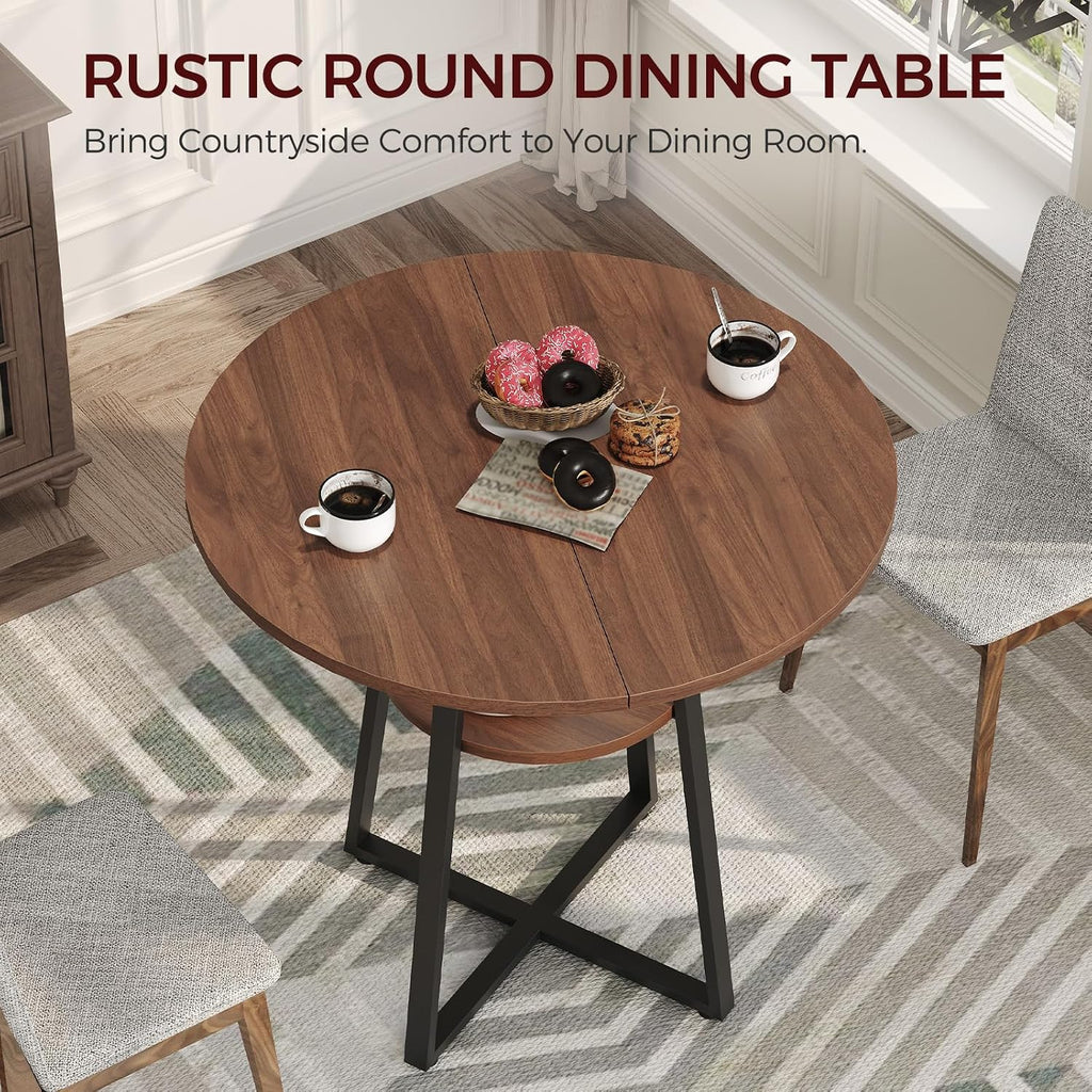 MAHANCRIS 31.5" Round Dining Table for 2-4, Farmhouse Kitchen Table with Storage Shelf, Small Circle Dining Table Space Saving, for Dining Room, Kitchen, Living Room, Walnut and Black DTHZ8201