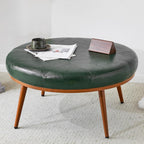 Round Ottoman, Large Faux Leather Footstool and Coffee Table, Cushioned Backless Chair for Living Room & Bedroom, Padded Seat Footrest, (Green)