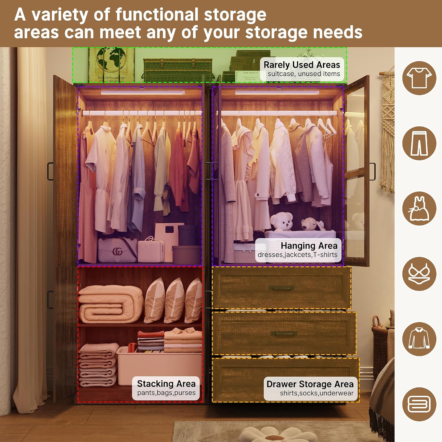 75" Tall Farmhouse 4 Doors Armoire Wardrobe Closet with 3 Drawers and LED,Freestanding Closet Wardrobe Cabinet for Bedroom with Hanging Rod,Wooden Armoire Storage Cabinet with Adjustable shelve(Brown)