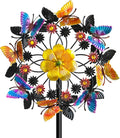 Double Blade Butterfly Wind Spinners, Outdoor Garden 360° Swivel Spinners 50 inch Garden Stakes Decor, Metal Flower Pinwheels for Yard and Lawn