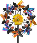 Double Blade Butterfly Wind Spinners, Outdoor Garden 360° Swivel Spinners 50 inch Garden Stakes Decor, Metal Flower Pinwheels for Yard and Lawn