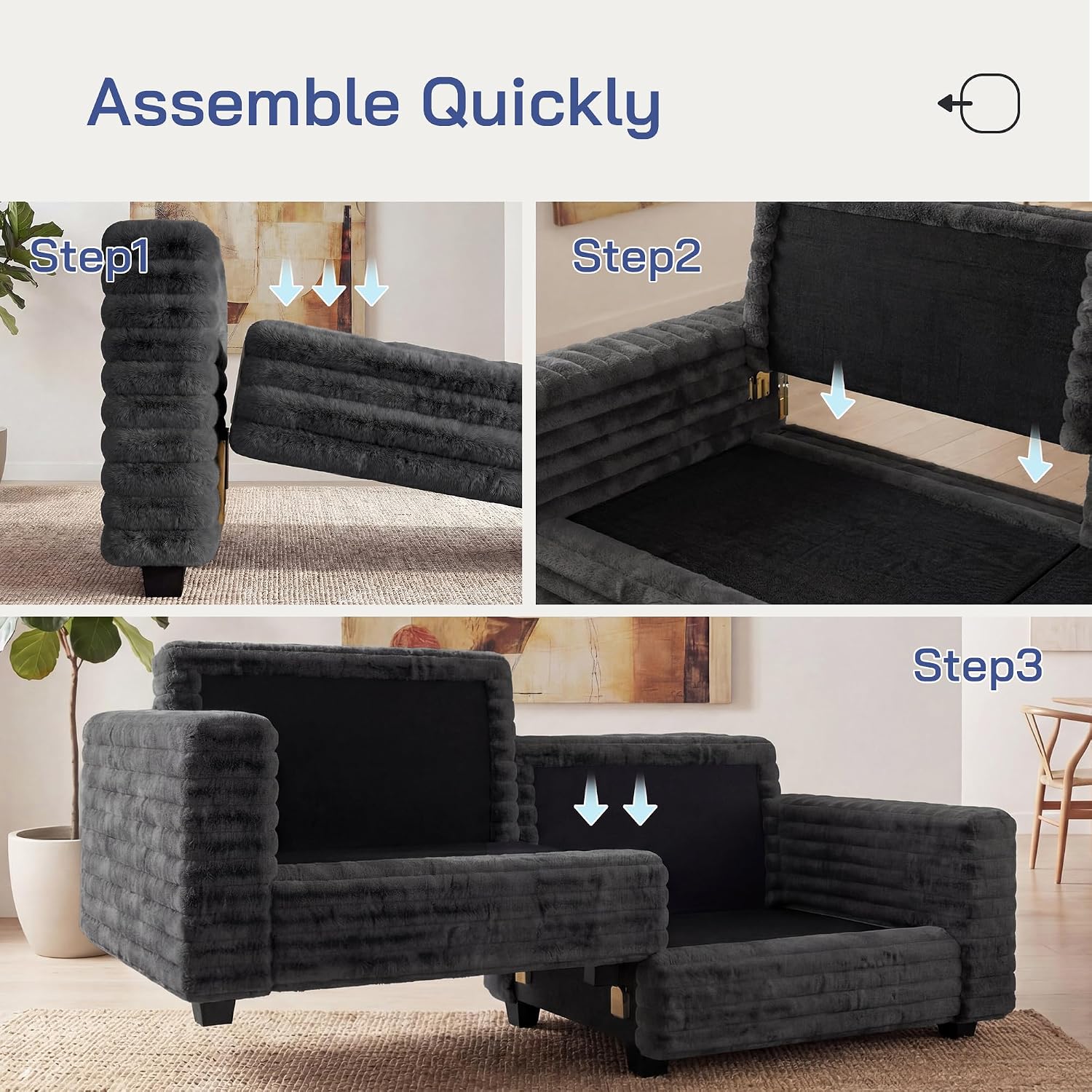 78.7" Corduroy Love Seat Sofa, Cloud Deep Seat Couch with Legs 2 Pillows, Fluff Corduroy Loveseat for Small Space, Living Rooms and Apartment, Dark Grey