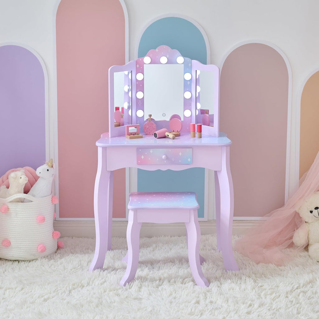 Teamson Kids Gisele Medium Vanity with Stool, Purple, Ages 3+ | Stardust Print, LED Lights & Touch Sensor Mirror, Storage Drawer, Pretend Play, Elegant Dressing Table Set