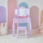 Teamson Kids Gisele Medium Vanity with Stool, Purple, Ages 3+ | Stardust Print, LED Lights & Touch Sensor Mirror, Storage Drawer, Pretend Play, Elegant Dressing Table Set