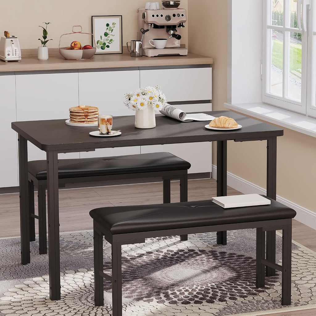 Garvee 3-Piece Dining Table Set, 3-Piece Kitchen Table with 2 Upholstered Benches, Space-Saving Dining Room Set for Breakfast Nook and Small Spaces, Black