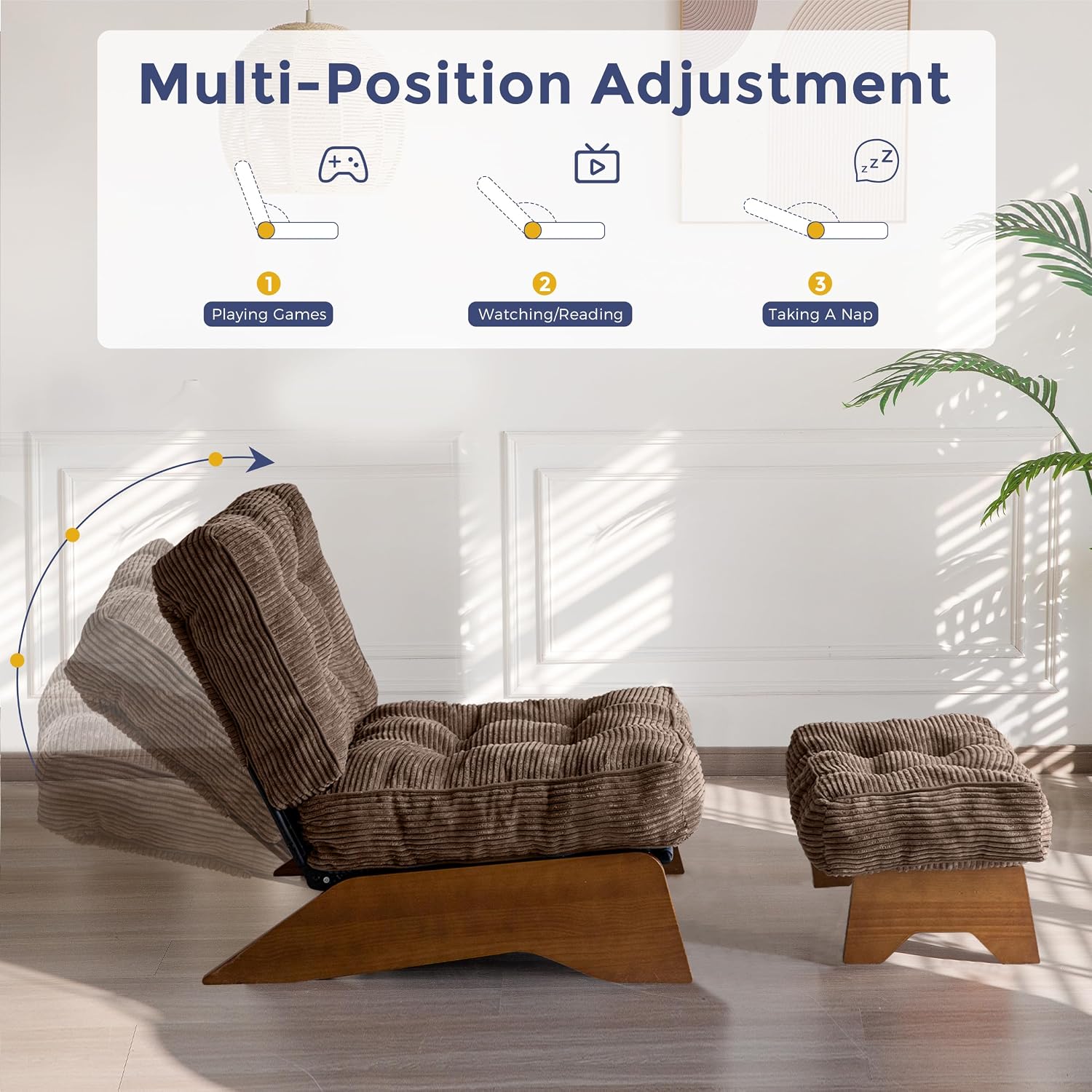 MAXYOYO Accent Chair with Ottoman, Lounge Chair with Adjustable Backrest | Tufted Living Room Chair Upholstered Lounge Chair with Footrest Set, Modern Chair for Reading Room, Brown