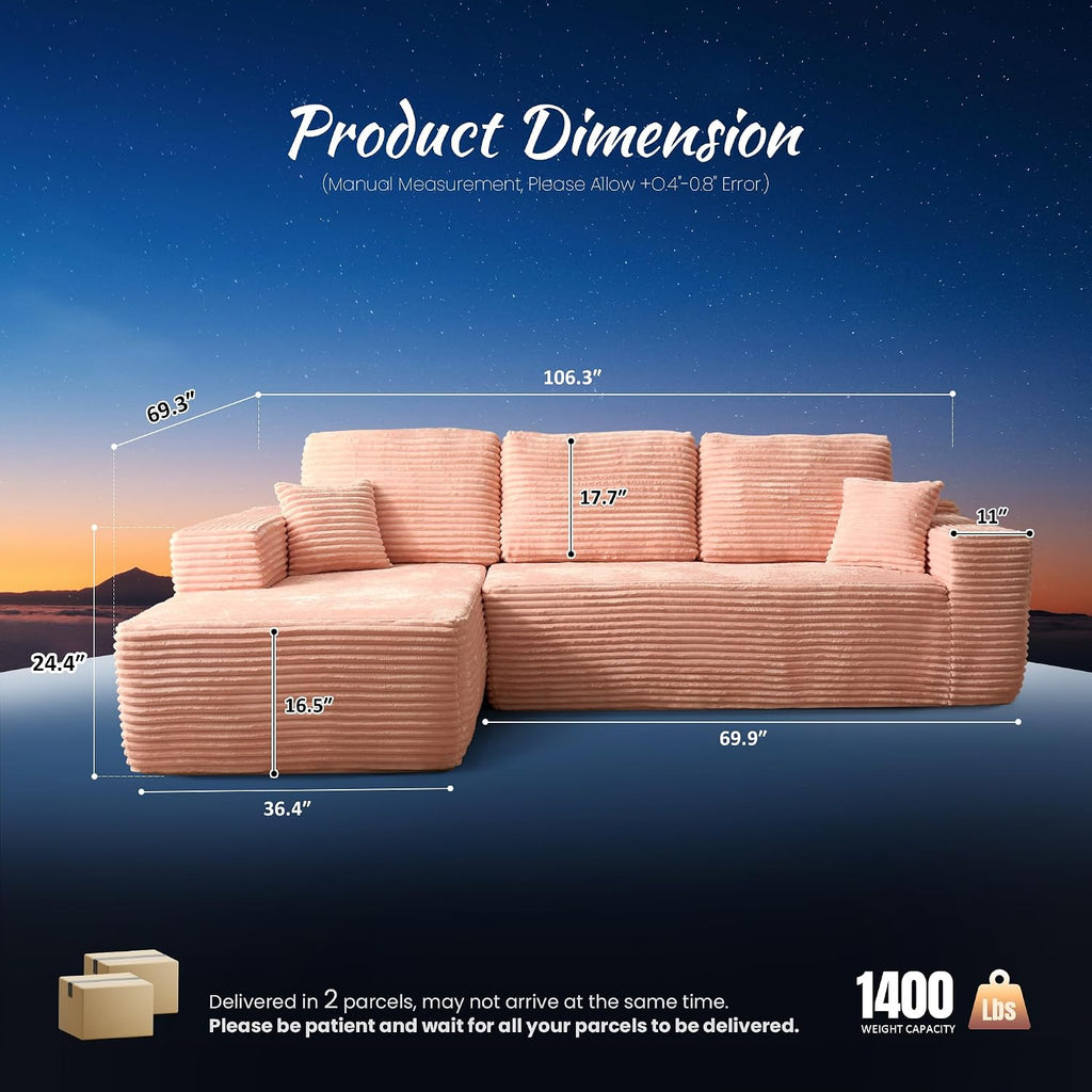 ovios 104" Cloud Couch with Glitter Fabric, Moudular Sectional Sofa with Deep Seat, No Assembly Required, Modern Minimalist L Shaped Couches with Chaise for Living Room, Pink