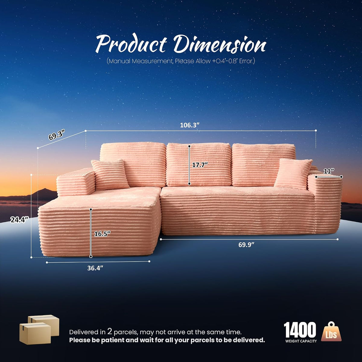 ovios 104" Cloud Couch with Glitter Fabric, Moudular Sectional Sofa with Deep Seat, No Assembly Required, Modern Minimalist L Shaped Couches with Chaise for Living Room, Pink