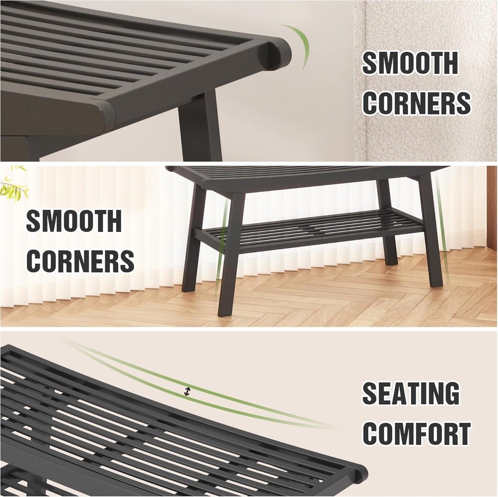 Bamboo Dining Bench Indoor Long Bench Sturdy & Comfortable Indoor Storage Bench Durable Slat Woven Design Modern Entryway Seating for Hallway (Black, 2 Tiers)