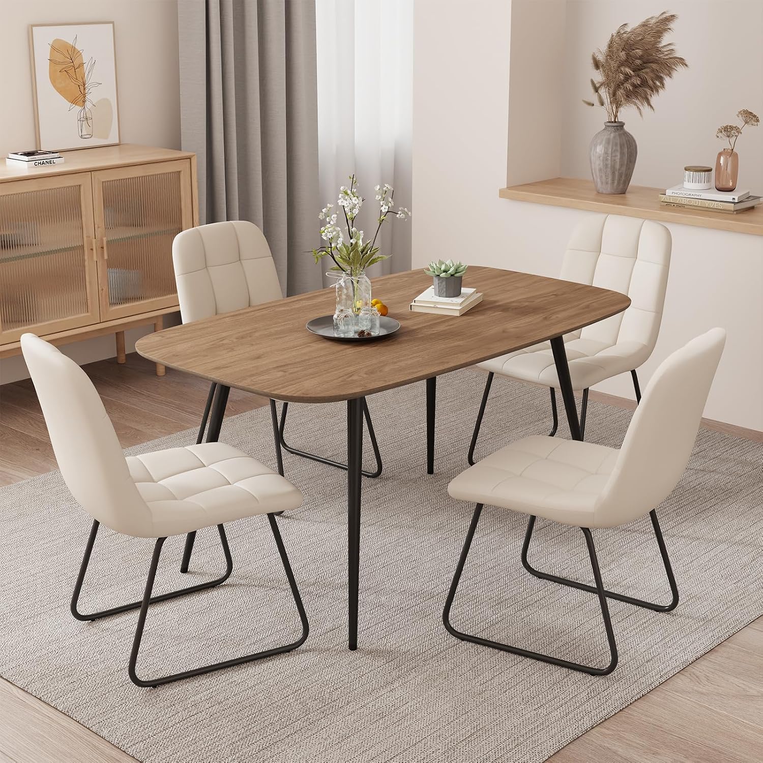 HIPIHOM 47.2'' Dining Table Set for 4,Modern Wood Dining Table,Leather Dining Chairs 4,Table and Chairs Set of 4,Ideal for Kitchen Dining Room