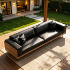 106.3" 4 Seater Patio Sofa, Minimalist Deep Seat Waxed Leather Couch with Weather Resistant Fabric, Outdoor Furniture for Pool Balcony Lounge Sunroom and Backyard, Black