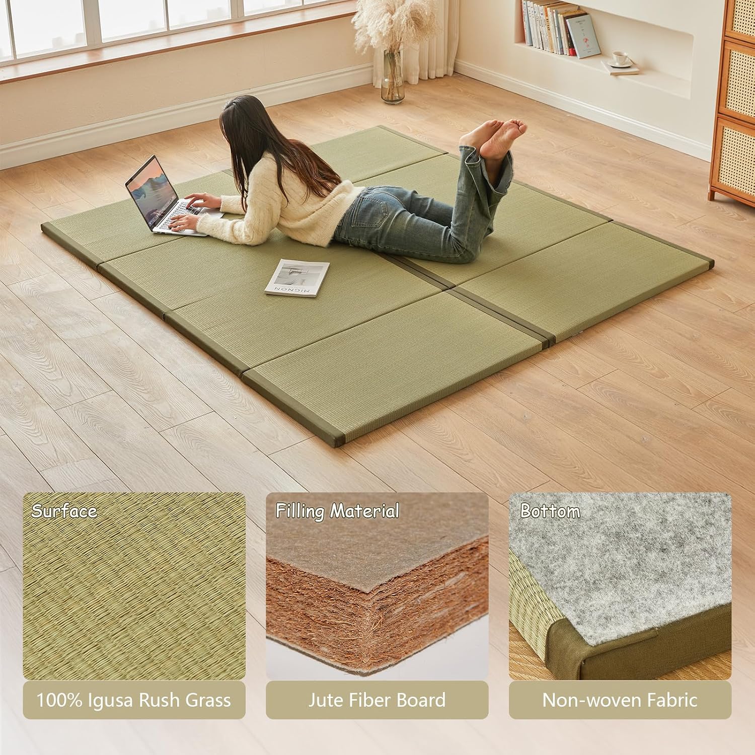 HAGiHARA Japanese Tatami Mat, Folding Rush Grass Floor Mattress | Extra Long Pile Plush Surface Creates a Soft and Cozy Home Space