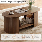 42" Oval Fluted Coffee Table, 2-Tier Center Table with Large Storage, Mid-Century Modern Wood Coffee Table for Living Room, Home Office, Small Space, Walnut
