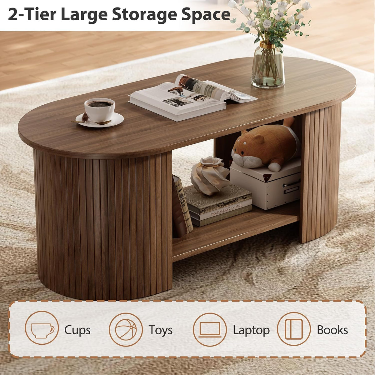 42" Oval Fluted Coffee Table, 2-Tier Center Table with Large Storage, Mid-Century Modern Wood Coffee Table for Living Room, Home Office, Small Space, Walnut