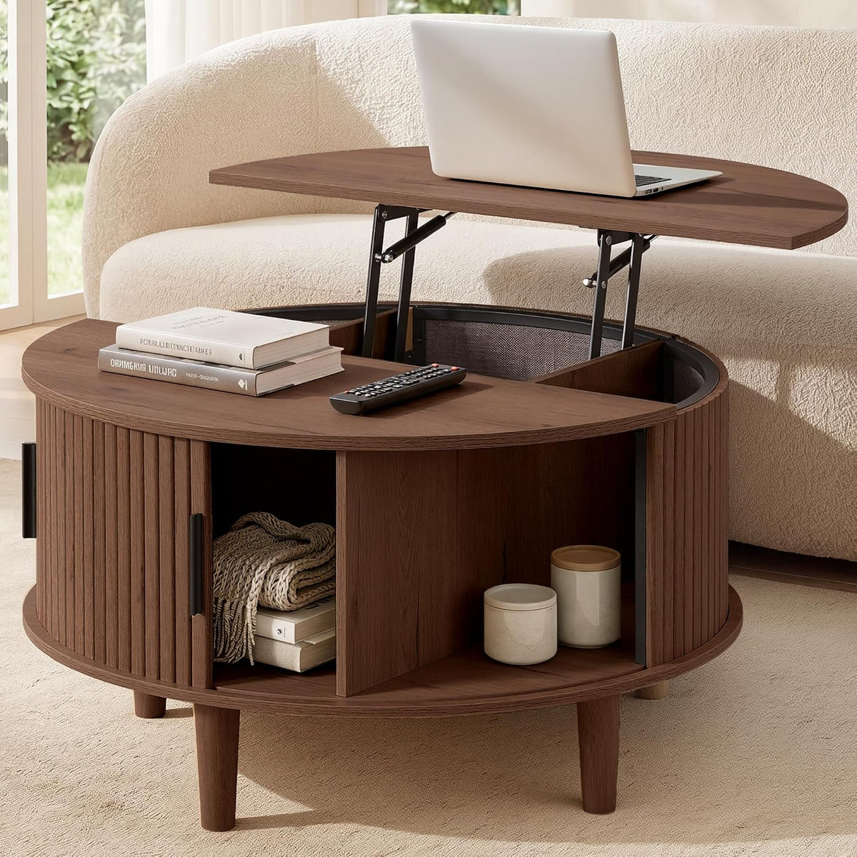 VASAGLE Round Coffee Table, Lift Top Coffee Table with Tambour Sliding Door