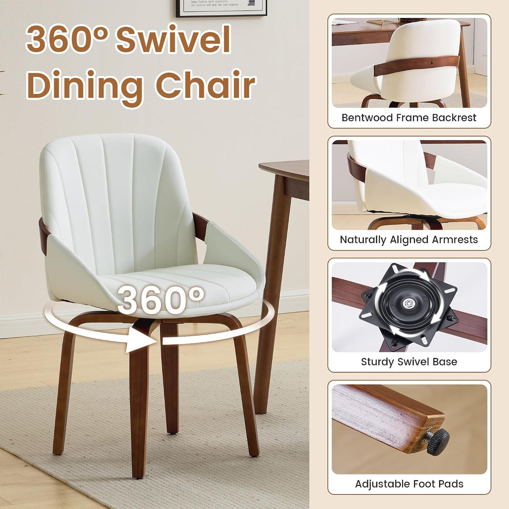 Swivel Dining Chairs Set of 4, Mid-Century Modern Dining Room Chairs with Arms Faux Leather Upholstered Kitchen Dining Chairs with Solid Wood Legs Accent Side Chair for Living Room, White