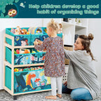 Jomifin Toy Storage Cart with Wheels, 6 Bins Organizer for Kids | Sturdy pine wood frame with 360° rolling wheels & brakes. 6 removable foldable fabric bins. Compact design saves space