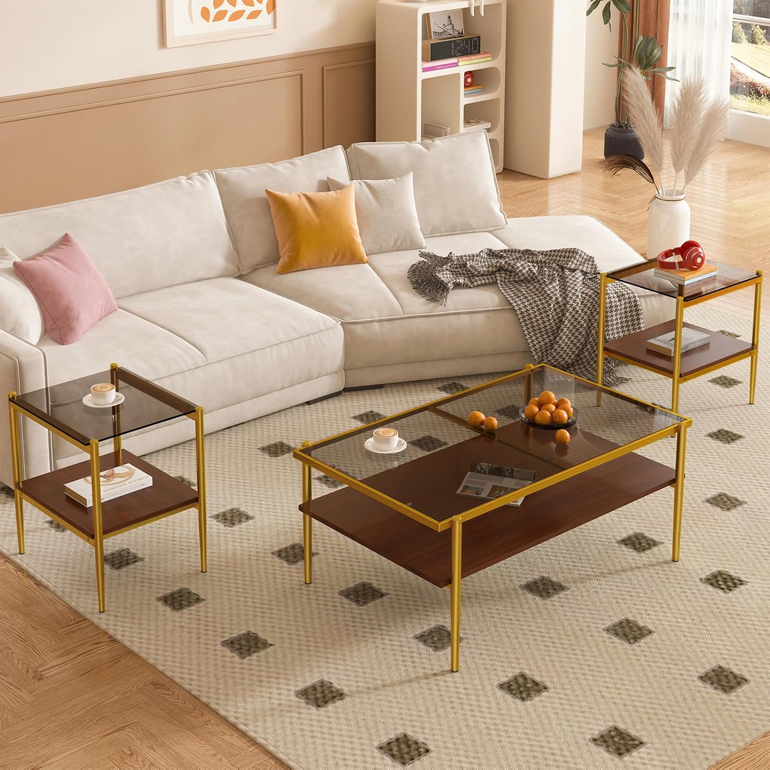 ODUSE-DAILY Coffee Table and End Table 3 Piece Living Room Set, Gold Metal Frame Glass Top End Tables, Square Top Shelf, Sofa or Couch Side Tables, Mesa de Centro para Sala (3 Pcs)