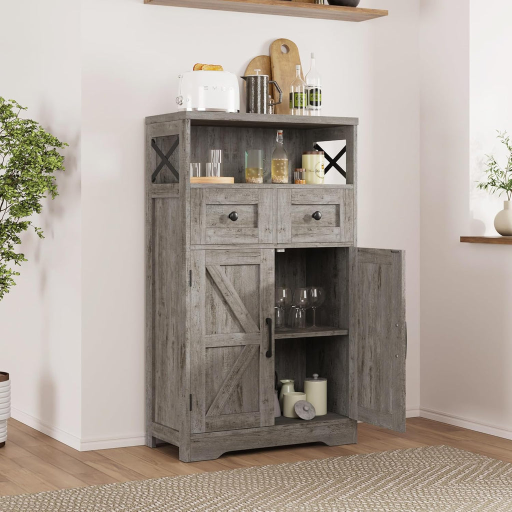 FiveWillowise Small Farmhouse Storage Cabinet with Barn Doors, Farmhouse Kitchen Pantry Cabinet, Tall Coffee Bar with Storage, Hutch Cupboard for Kitchen, Laundry, Living Room, Washed Grey