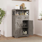 FiveWillowise Small Farmhouse Storage Cabinet with Barn Doors, Farmhouse Kitchen Pantry Cabinet, Tall Coffee Bar with Storage, Hutch Cupboard for Kitchen, Laundry, Living Room, Washed Grey