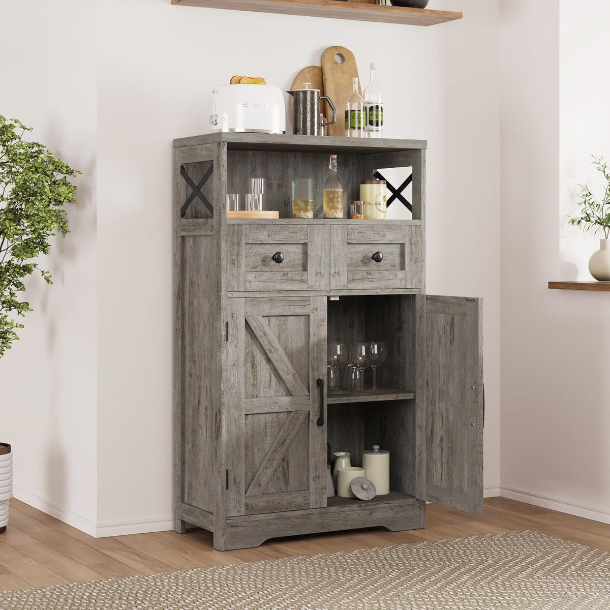 FiveWillowise Small Farmhouse Storage Cabinet with Barn Doors, Farmhouse Kitchen Pantry Cabinet, Tall Coffee Bar with Storage, Hutch Cupboard for Kitchen, Laundry, Living Room, Washed Grey