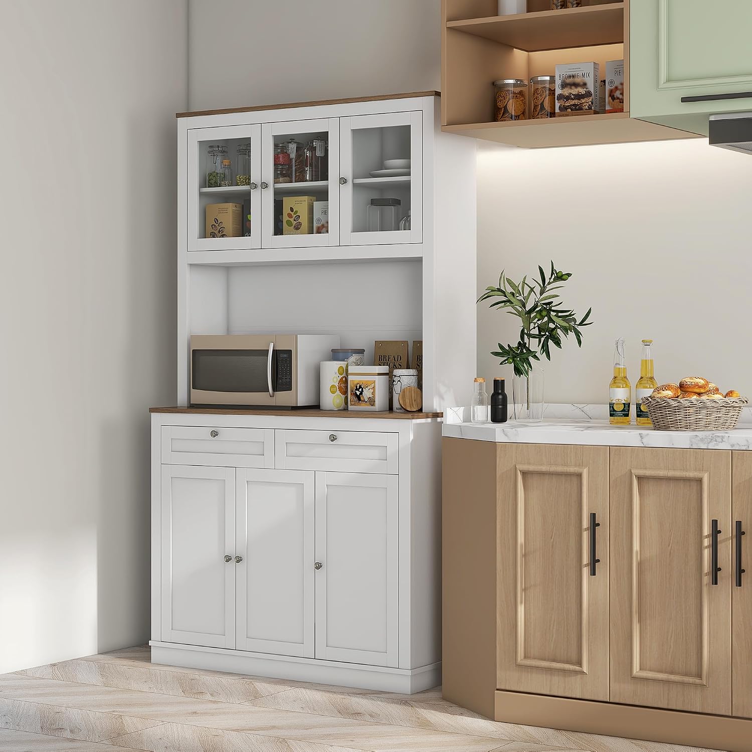 71" Tall Kitchen Pantry, Freestanding Kitchen Hutch Storage Cabinet with Glass Doors, 2 Drawers, Adjustable Shelves for Dining Room Kitchen