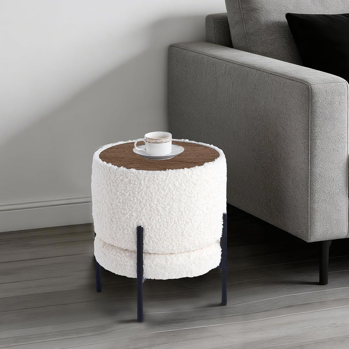 Get Set Style Multifunctional Ottoman with Side Table, Soft Round Footrest Stool,Vanity Stool with Metal Legs, Modern Decorative Furniture Vanity Chair for Makeup Room, Bedroom, Living Room