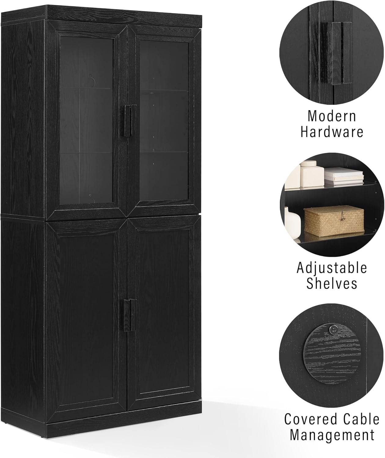 Crosley Furniture Essen Glass Door China Hutch Kitchen Pantry Storage Cabinet with Doors and Shelves, Black