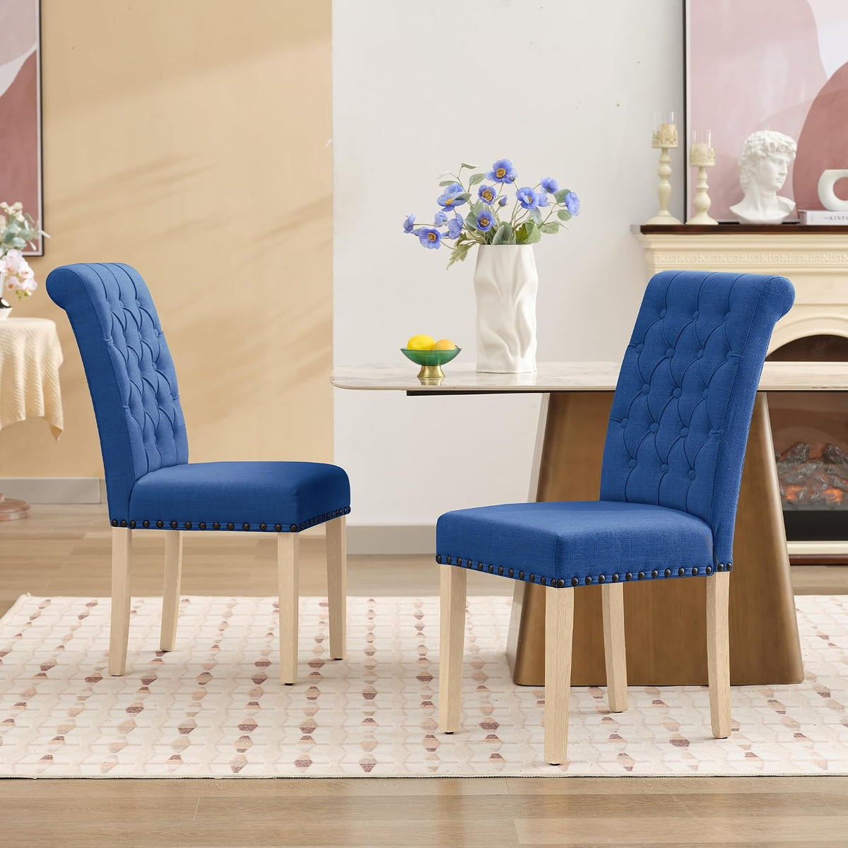 LOULENS Fabric Dining Chairs Set of 2, Upholstered Kitchen Chairs, Dark Blue