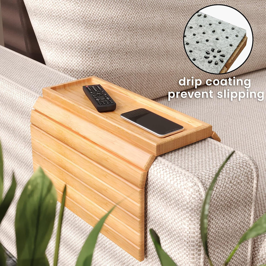 2 Pack Sofa Arm Tray,Bamboo Folding Couch Arm Tray,Sofa Armrest Tray with Anti-Slip Pad for Drinks,Snacks,Phone,Remote Control（Natural）