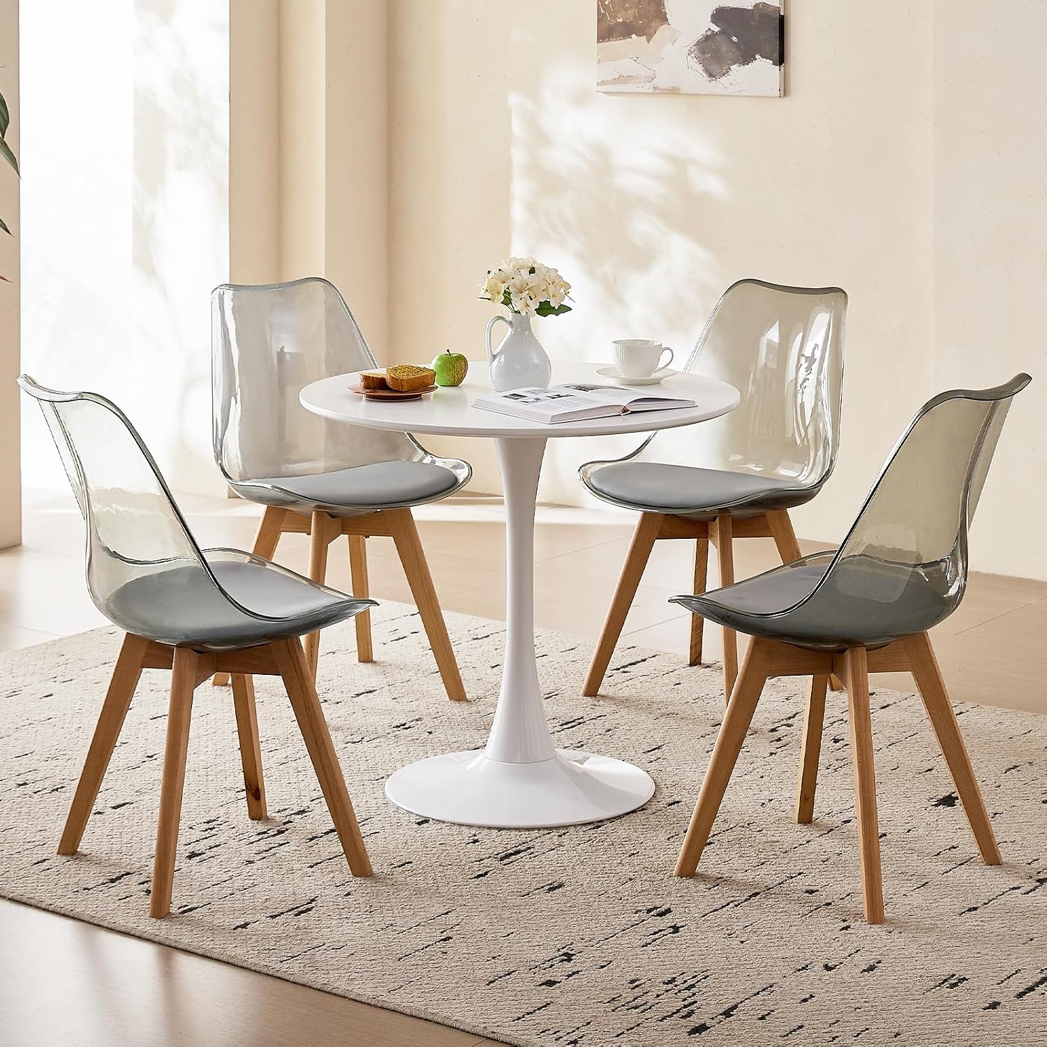 Acrylic Dining Chairs Set of 4, with Soft Cushion, Light Gray | Clear Acrylic Backrest With Soft Padded Seat, Sturdy Wooden Legs. Ideal For Kitchen And Living Room