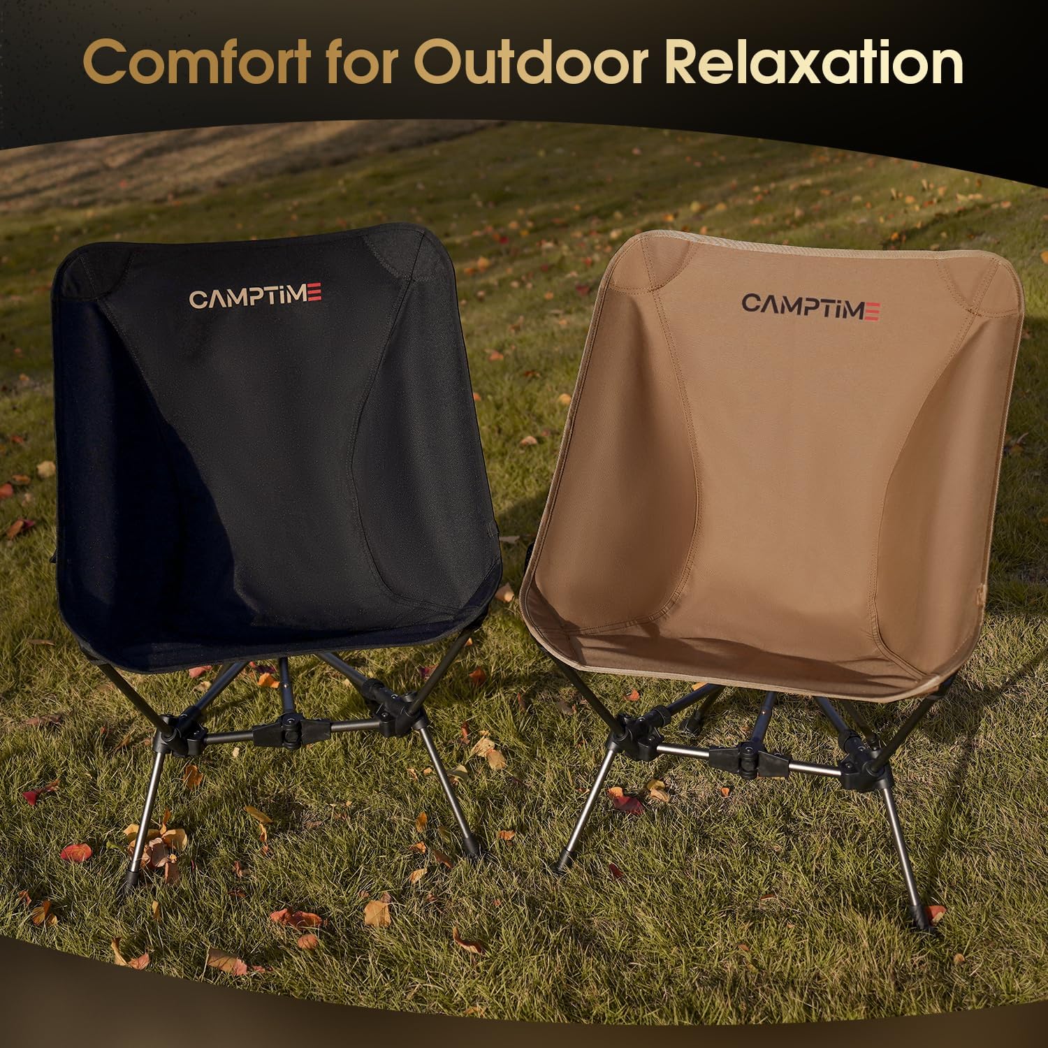 Camptime Portable Camping Chair, Lightweight Compact Backpacking Chair with Side Pocket, Wide Seat Folding Chair for Camping, Hiking, Beach - Supports 330Lbs, Khaki