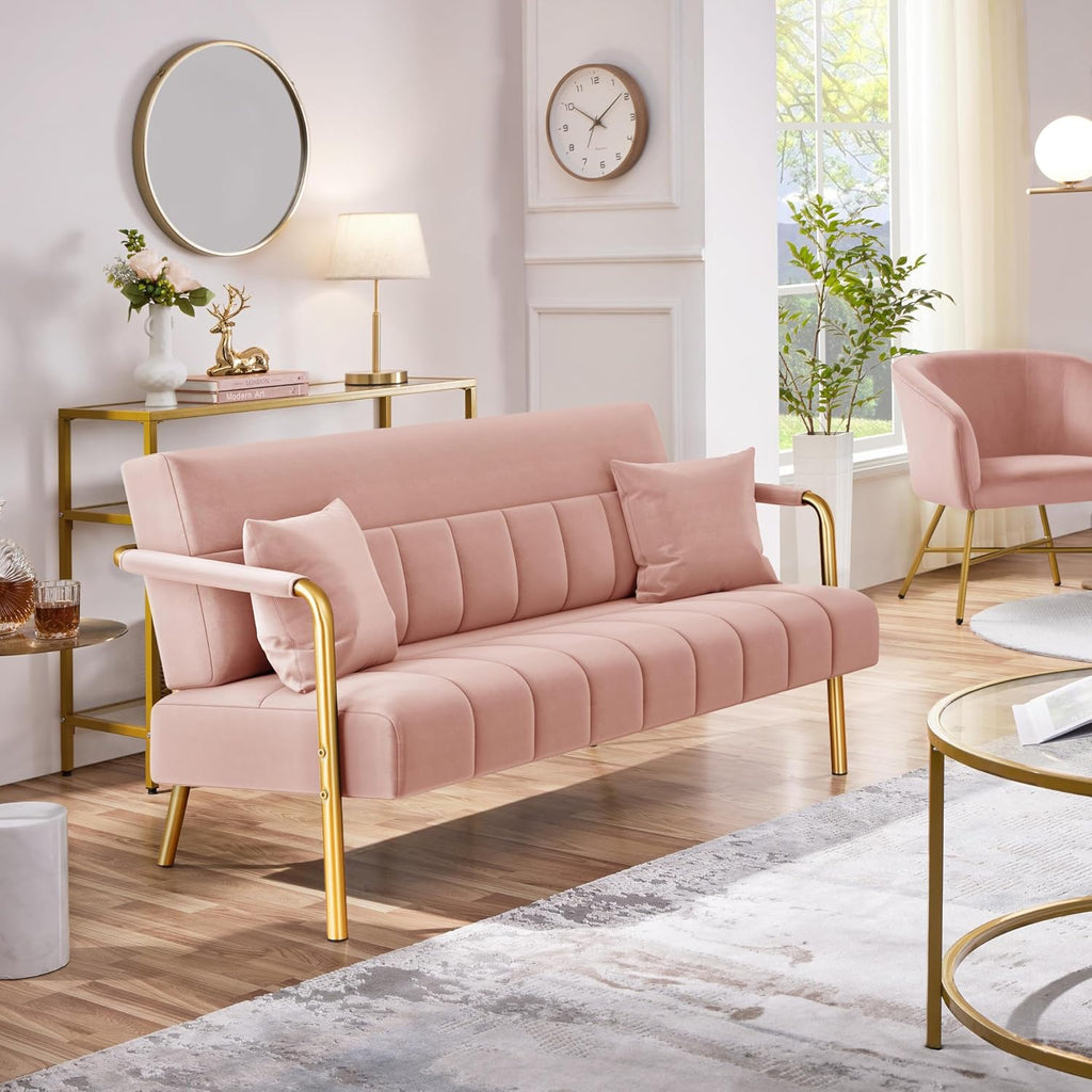 Yaheetech 56.5" Smal Sofa 2 Seater Couch with Gold-Tone Legs, Pink | Small Sofa Loveseat Velve 2 Seater Couch with Tufted Back Gold Metal Frame 2 Pillows for Office, Studio,Living Room