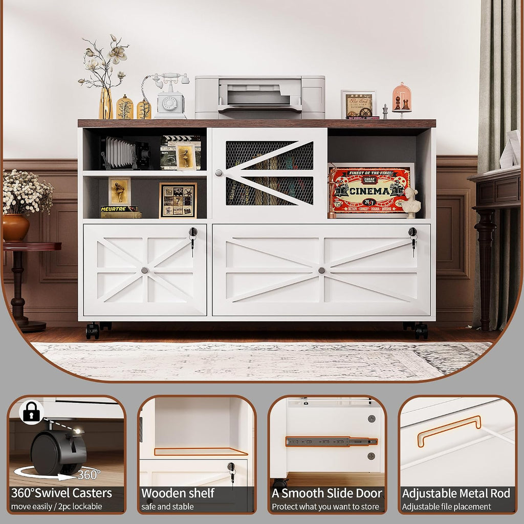 2 Drawer Farmhouse File Cabinet with Lock, Mobile Lateral Filing Cabinet for Letter/Legal/A4 Size, Open Storage Adjustable Shelf for Home Office Cabinets,White