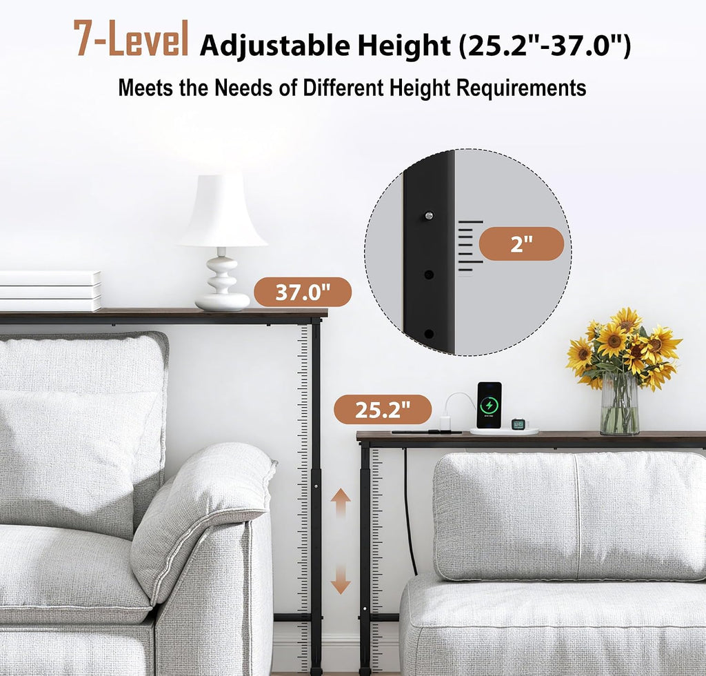 Adjustable Height Narrow Sofa Table with Built-in Power Outlets, 70" Long Console Table Behind Couch Table with Charging Station Skinny Entryway Table for Living Room & Hallway (Rustic Brown)
