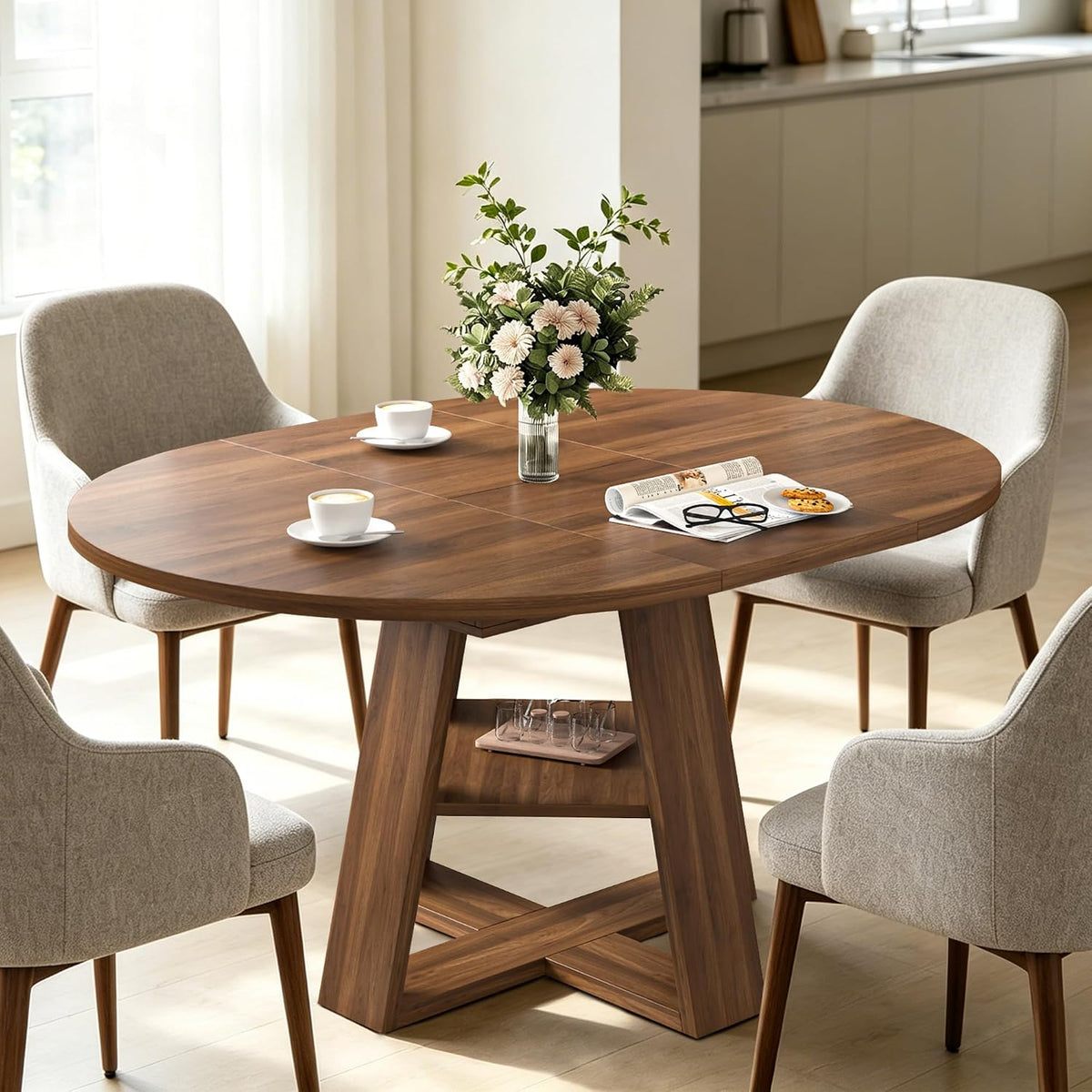43.3"-59" Extendable Round Oval Dining Table for 4-8 with Storage Shelf | Modern Kitchen Oval Dining Table with Removable Leaves,Space Saving Extendable Table Wood Base for Kitchen Living Room Walnut
