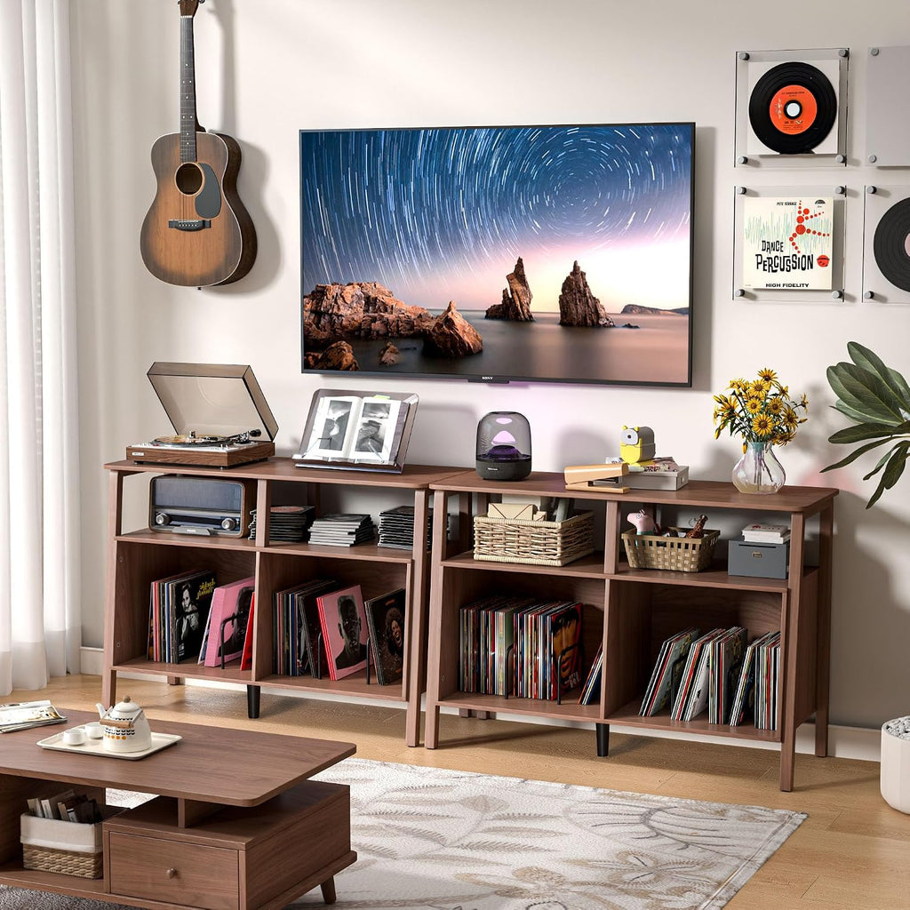 Mxtxmy Large Record Player Stand,with Open Storage Holds up to 300 Albums | Mid Century Turntable Stand Table,Vinyl Record Storage Display Shelf for Living Room Bedroom,Walnut