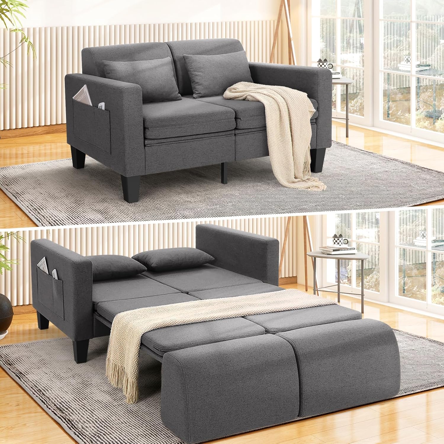 SEJOV 6-in-1 Convertible Sofa Bed, 58" Loveseat Sleeper Sofas, Gray | Pull Out Couch Bed with Removable Backrest, Storage Pockets and 2 Pillows, Modern Folding Linen Futon Couch for Small Spaces