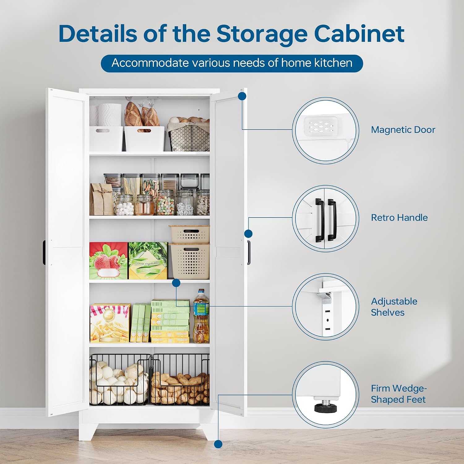 PEUKC 75" Farmhouse Metal Storage Cabinet with Doors and 4 Adjustable Shelves, Large Pantry Organizer for Kitchen, Dining Room, and Living Room,Assemble Require(White)