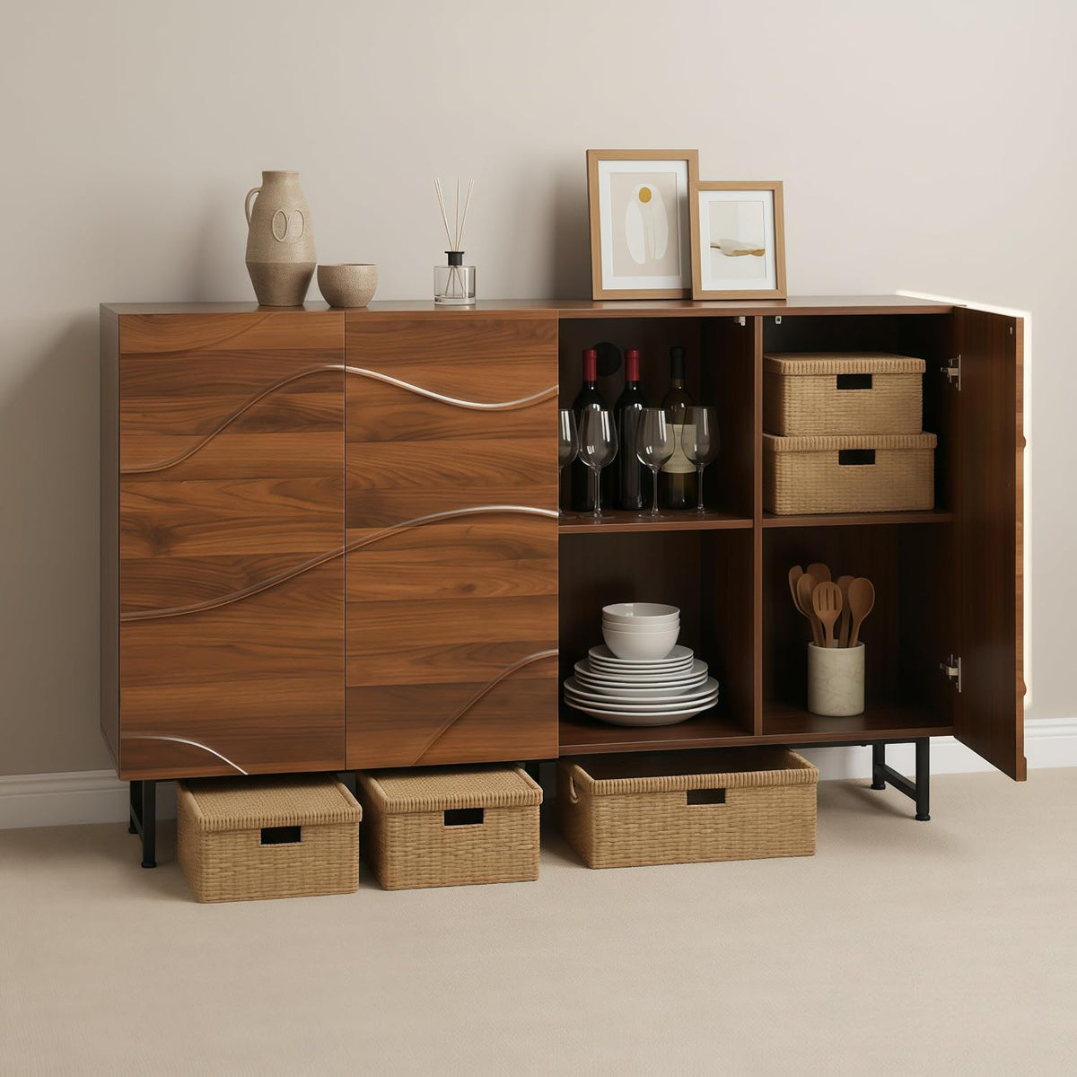 Modern Sideboard with Wave Relief Design, 59 Inch Solid Wood Storage Cabinet & Buffet with Iron Legs for Dining Room, Industrial TV Stand for Living Room, Walnut Finish (Wood + 1)