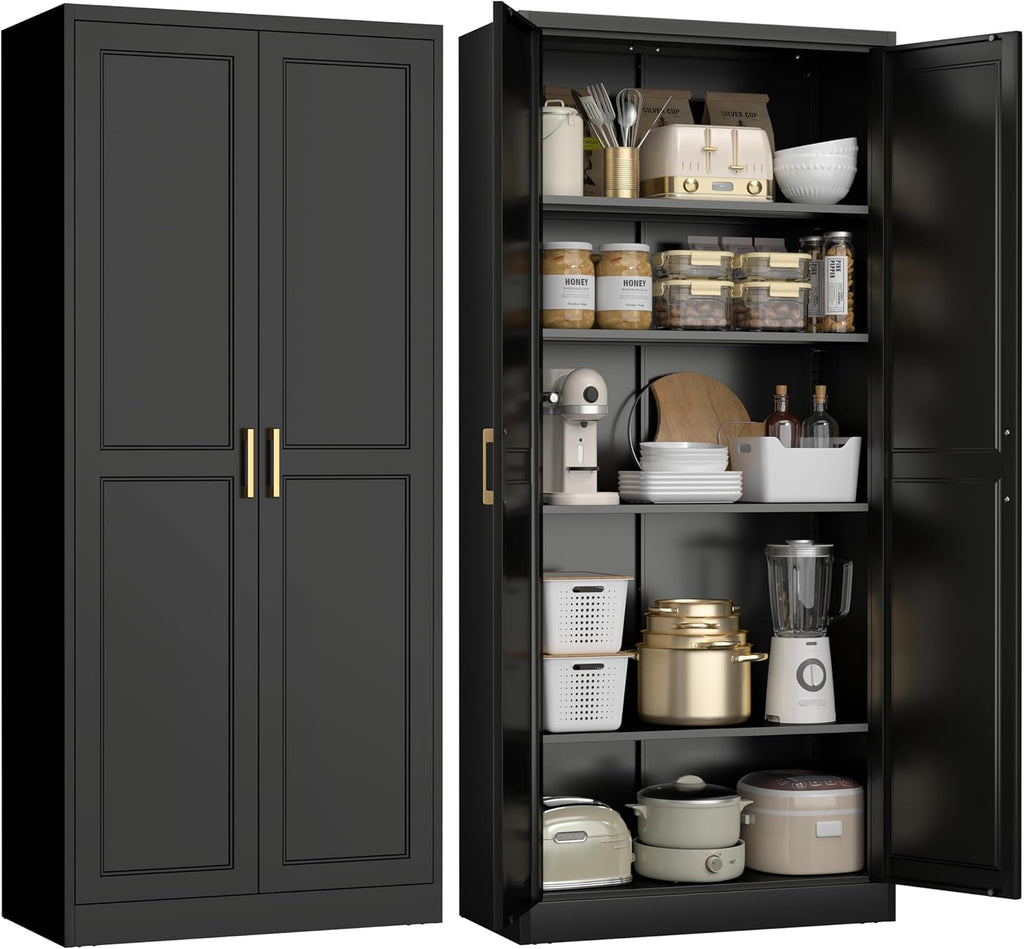 UNICOLY 71" Kitchen Pantry Cabinet, Pantry Storage Cabinet with Doors and 4 Shelves, Metal Storage Cabinets for Kitchens, Living Room, Dinning Room, Assembly Required, Black
