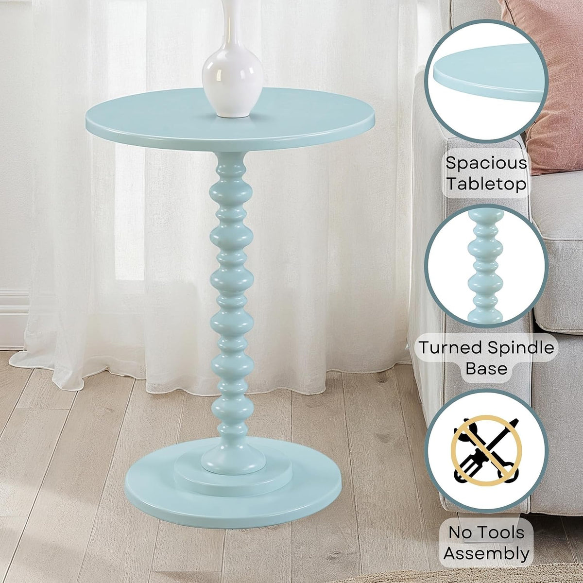 Pemberly Row Modern Spindle End Table, 24 in H x 17.75 in W, MDF and Solid Pine, Green Sea Foam Wood Finish, Round Top, Living Room Side Table, Easy Assembly