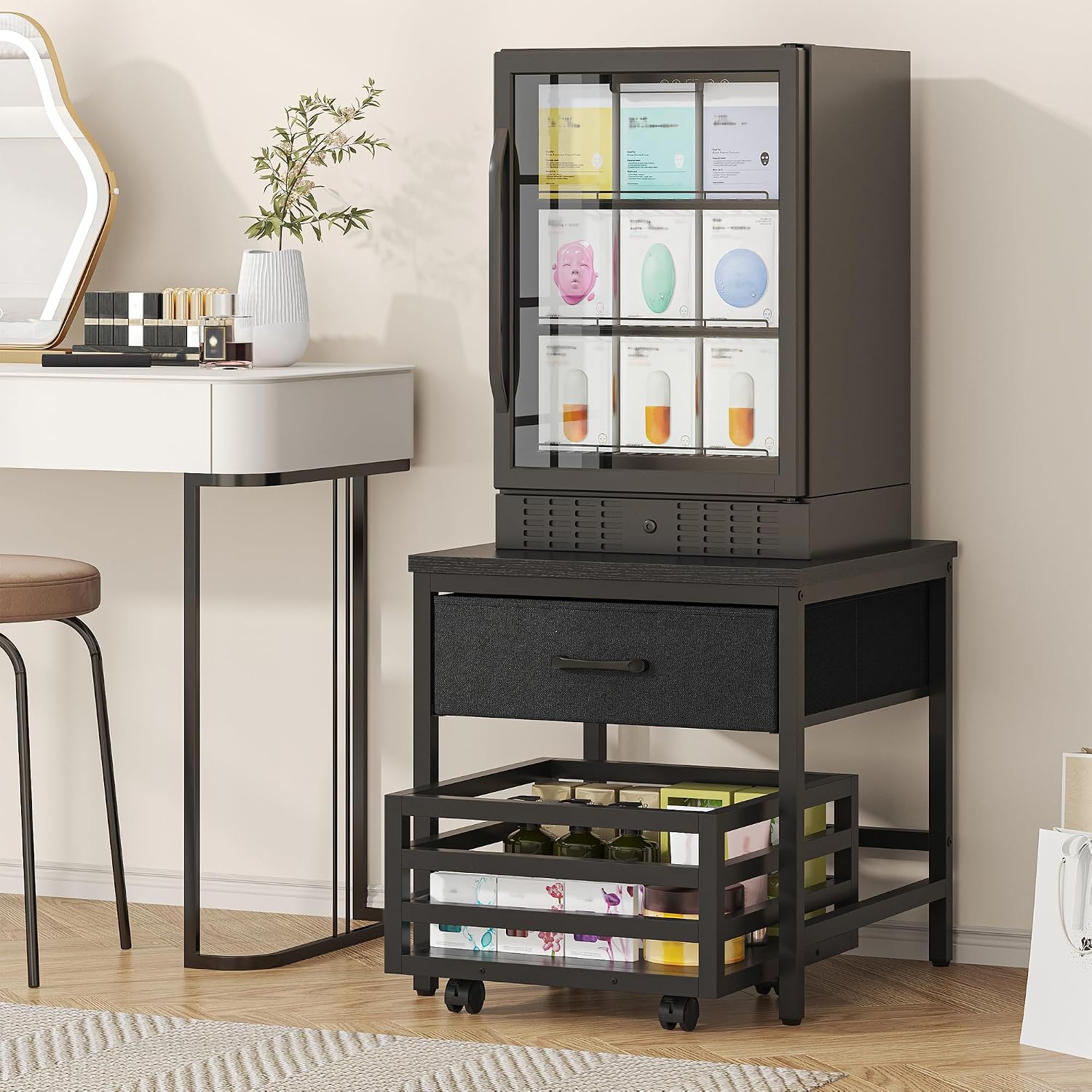 Saudism Mini Fridge Stand with Movable Storage Basket | Mini Fridge Cabinet with Storage Drawer,Sturdy Metal Frame,Great for Dorm Home Office, Full Black