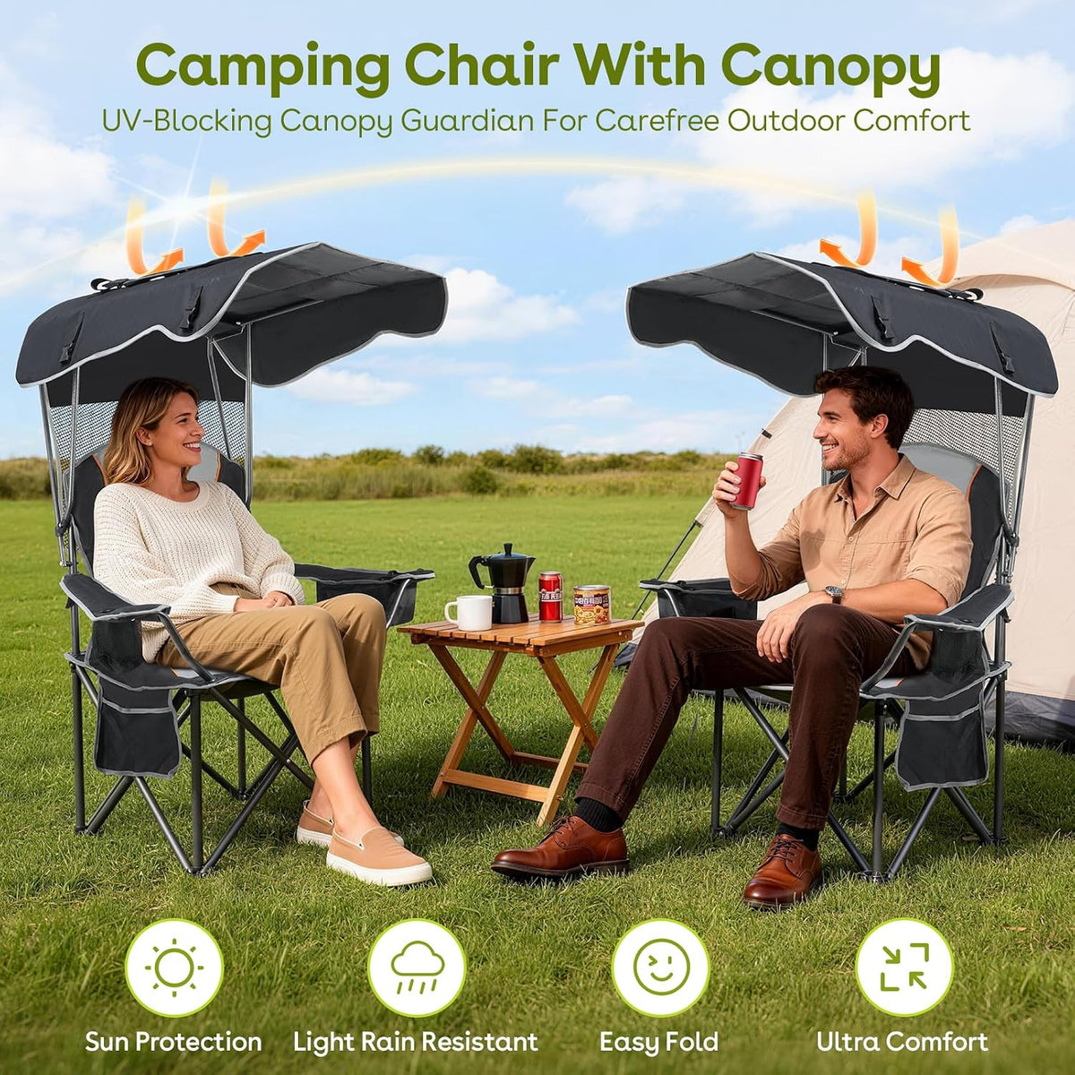 Suteck Camping Chair with Canopy, Outdoor Beach Chair with Adjustable Sun Shade Canopy, Cup Holder, Side Pockets - Heavy Duty Folding Chair with Full Sun Protection Supports 500lbs, Black
