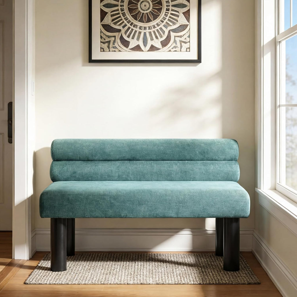 51'' Small Dining Bench with Back, Upholstered Armless Kitchen Banquette Seating, Minimalist Comfy Mini Loveseat Sofa, Modern Entryway Bench with Wood Leg for Dining Living Room Apartment (Green)
