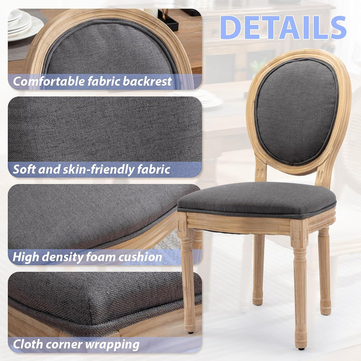 French Country Dining Chairs Set of 4, Upholstered Dining Room Chairs with Round Back, Solid Wood Legs, Oval Side Chairs for Kitchen,Bedroom,Dining Room,Restaurant(Dark Grey-Fabric)