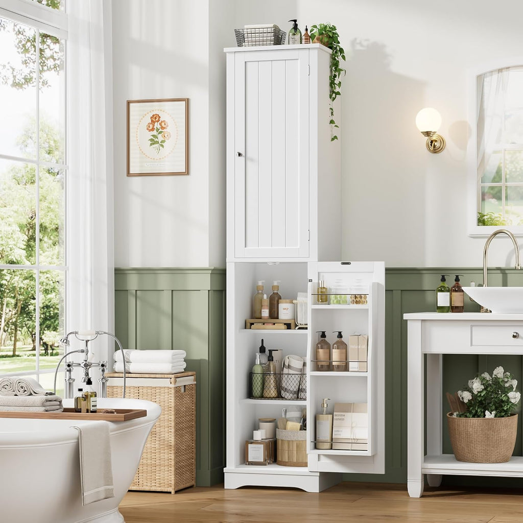 HIFIT 2 Set 71" Tall Narrow Storage Cabinet with 2 Reversible Doors, Small Kitchen Pantry Cabinet with Adjustable Shelves & Spice Rack, Slim Storage Cabinets for Bathroom, Living Room, Entryway, White