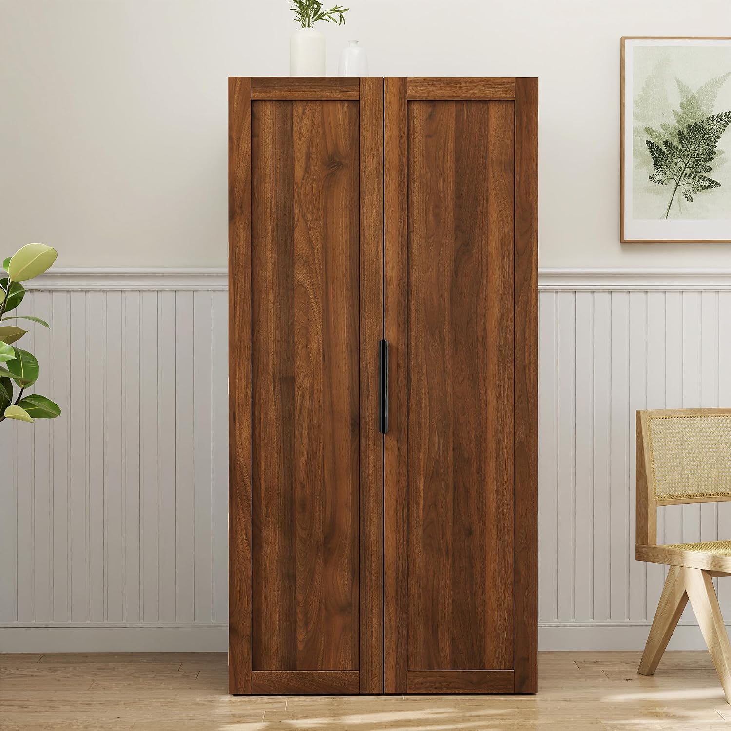 62.8" Tall Freestanding Kitchen Pantry Cabinet Farmhouse Buffet Cupboard Sideboard with Refrigerator-Style Door Storage Doors Walnut for Living Room Dining Room