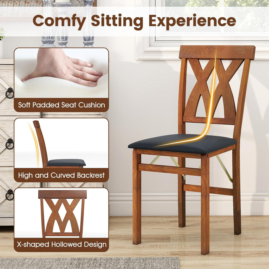 GIANTEX Folding Dining Chairs Set of 2, Farmhouse Upholstered Kitchen Chair | Wooden Dining Room Chairs w/Rubber Wood Frame, PVC Leather Seat, Hollowed Curved Backrest, Foldable Chair for Home Restaurant